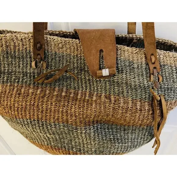 Vtg Woven Jute Leather Strap Straw Sisal Market Round Tote Shoulder Bag Purse - Picture 6 of 12